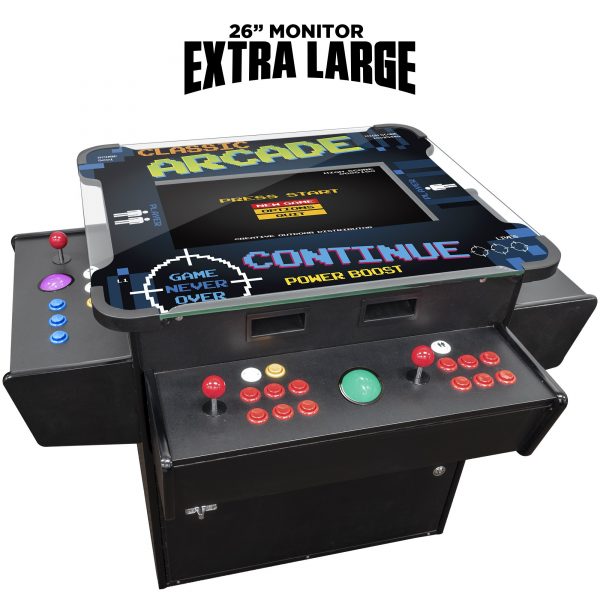 2 PLAYER 1162 GAMES 3-SIDED COCKTAIL ARCADE 26" LCD MONITOR WITH TRACKBALL AND STOOLS INCLUDED