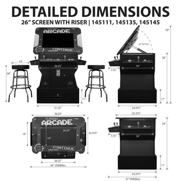 2 PLAYER 3 SIDED 26"-32" 1162-3500 TILT-SCREEN COCKTAIL ARCADE WITH BASE RISER | STOOLS INCLUDED - Image 2