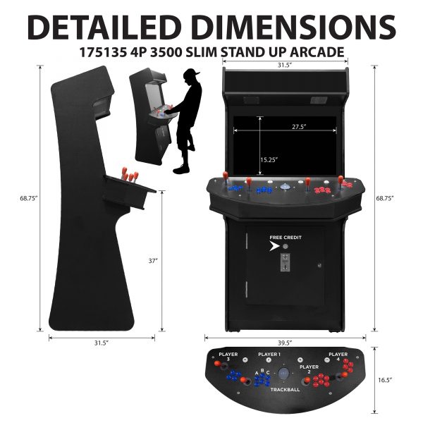 4 PLAYER SLIM STAND UP ARCADE WITH TRACKBALL | WOODGRAIN EDITION | 3500-4500 CLASSIC GAMES | 32" LCD MONITOR | INCLUDES 2 TALL STOOLS - Image 3