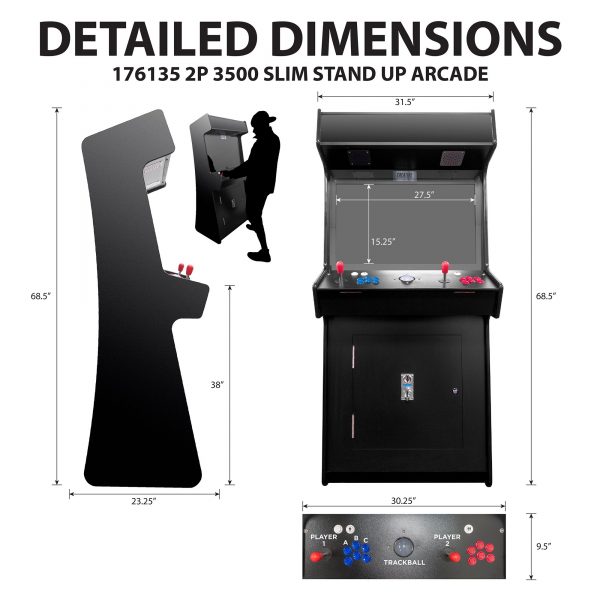 2 PLAYER STAND UP SLIM | 3500 GAMES | 32" CLASSIC VIDEO GAME ARCADE | TRACKBALL | STOOLS INCLUDED - Image 6