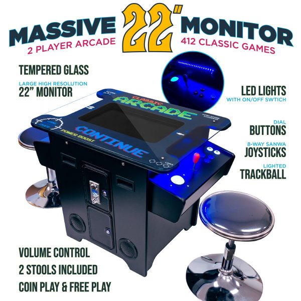 2 PLAYER | 60-412 GAMES | 22" SCREEN | COCKTAIL ARCADE WITH TRACKBALL | STOOLS INCLUDED