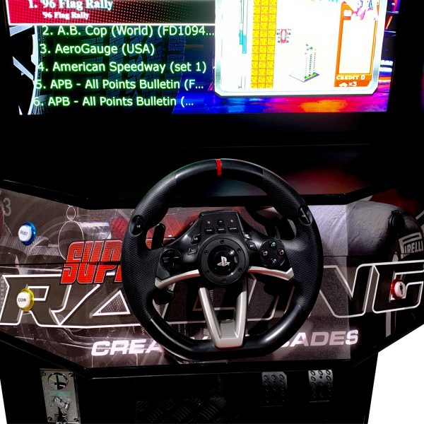 RACING SIT DOWN ARCADE MACHINE | 129 RACING GAMES | 32" LCD MONITOR | AUTHENTIC STEERING WHEEL & PEDALS - Image 2