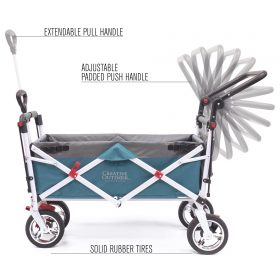 PUSH PULL SILVER SERIES PLUS FOLDING WAGON STROLLER WITH CANOPY | TEAL